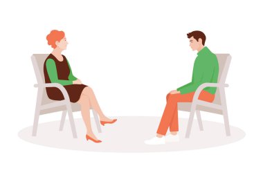 Bir kadın psikolog ve hastasını koltuklarda oturuyor. Psikiyatrist Danışma. Psikoterapi. Psikanaliz. Depresyon tedavisinde. Vektör düz çizim