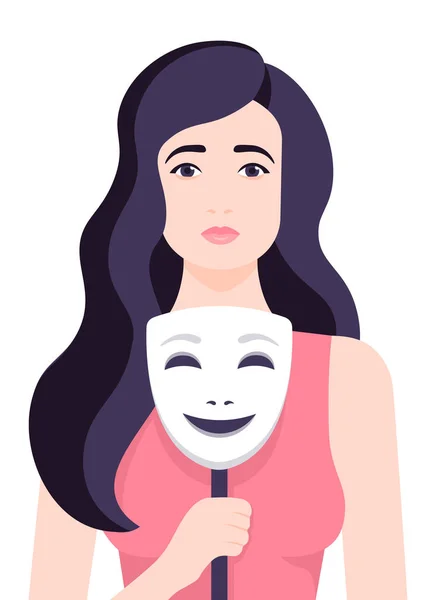 Chica Está Llorando Sosteniendo Una Máscara Sonriente Depresión Melancolía Ilustración — Vector de stock