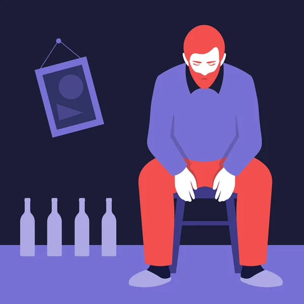 Ein Alkoholiker Sitzt Auf Einem Hocker Neben Leeren Weinflaschen Psychische — Stockvektor