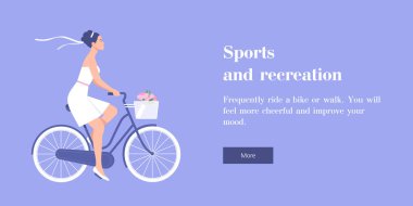 Gelin bir Bisiklete biniyor. Düğün. Dinlenme ve tatil. Vektör düz çizim