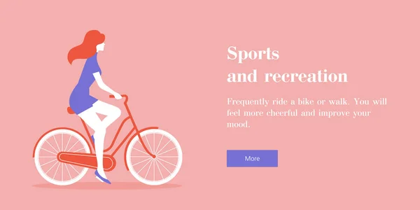 Vöröshajú Lány Biciklizés Szöveg Vízszintes Banner Sport Egészséges Életmód Lapos — Stock Vector