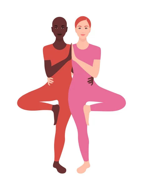 Dos Chicas Practican Yoga Mujeres Africanas Europeas Ilustración Plana Del — Archivo Imágenes Vectoriales