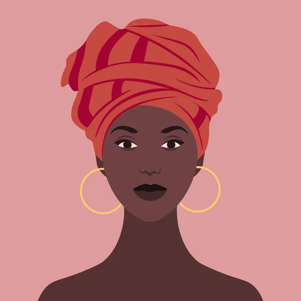 African Woman National Headdress Portrait Avatar Social Network Vector Flat — Stock Vector