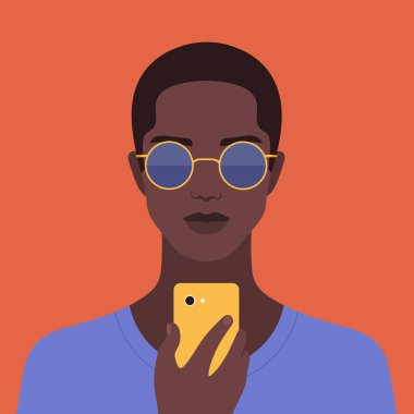 Bir telefon olan Afrikalı bir adam portresi. Bağımlılığı smartphone. Sosyal ağlar. Vektör düz çizim