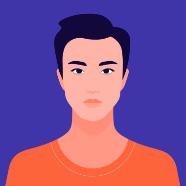 Genç bir Asyalı adam portresi. Yabancı bir öğrenci yüzü. Çeşitlilik. Avatar vektör düz çizim