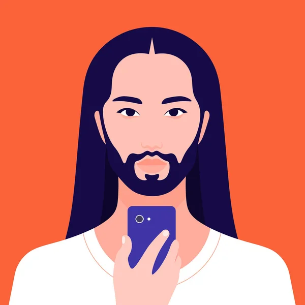 Japoński Portret Brodą Długimi Włosami Avatar Azjatycka Człowieka Ilustracja Wektorowa — Wektor stockowy