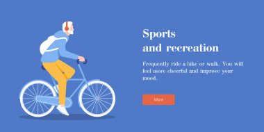 Yaşlı adam bir Bisiklete biniyor. Metin ile yatay banner. Sağlıklı bir yaşam tarzı. Vektör düz çizim