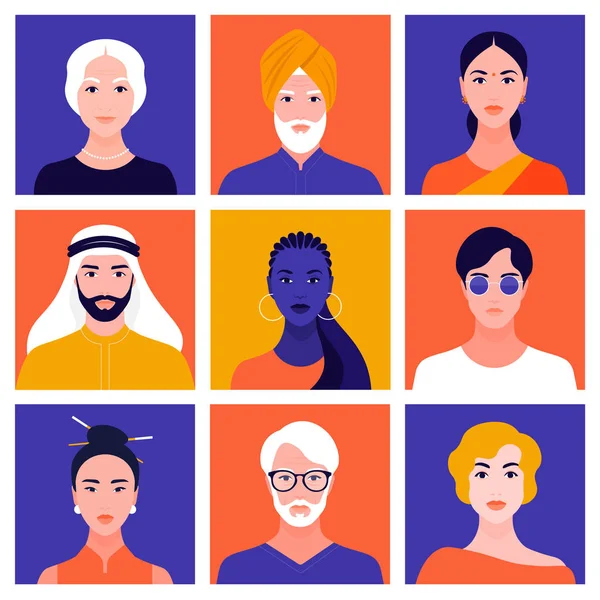 Sada Portréty Lidí Různých Ras Národů Věku Kolekce Portrétů Avatary — Stockový vektor