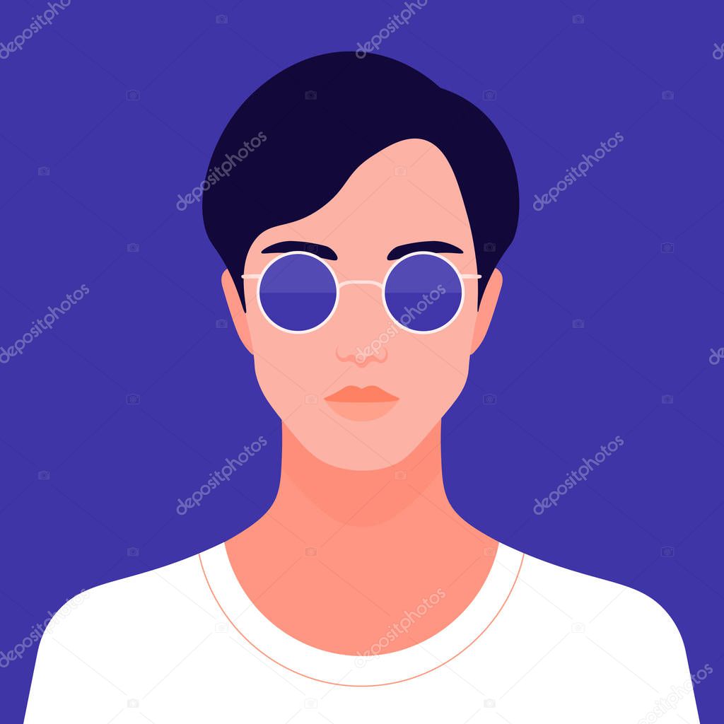 Portrait of a young Asian man in sunglasses. The face of a foreign student. Diversity. Avatar Vector flat illustration