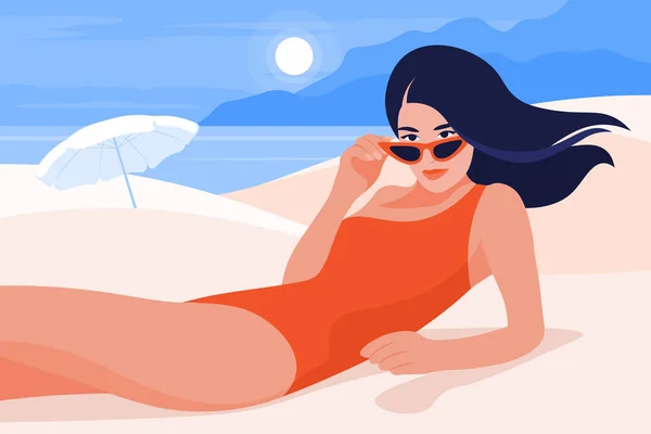 Красива Дівчина Лежить Пляжі Тлі Моря Гір Літні Канікули Південних — стоковий вектор