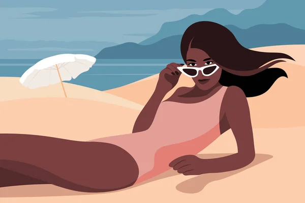Africká Dívka Ležící Pláži Pozadí Moře Hor Letní Prázdniny Jižních — Stockový vektor