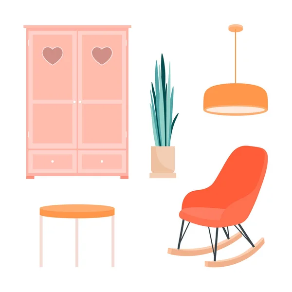 Conjunto Elementos Para Habitación Sobre Fondo Blanco Sillón Armario Mesa — Vector de stock