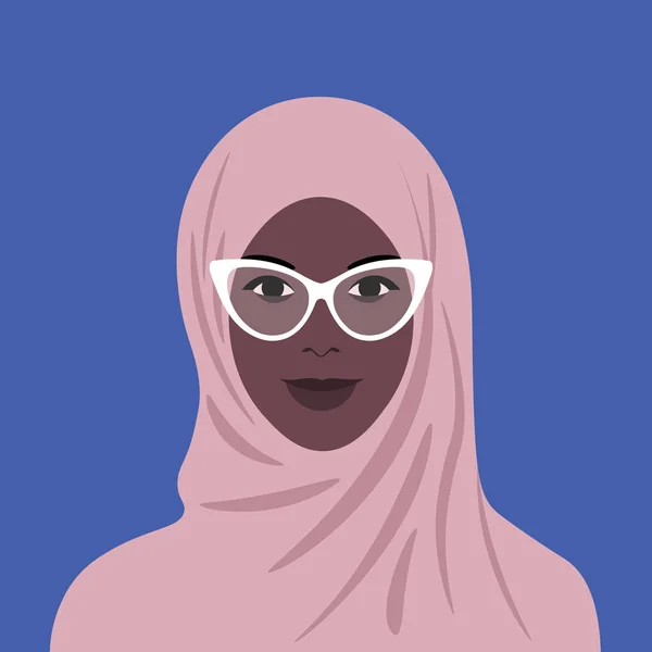 Portret Van Afrikaanse Hijab Glazen Moslim Meisje Avatar Vector Platte — Stockvector