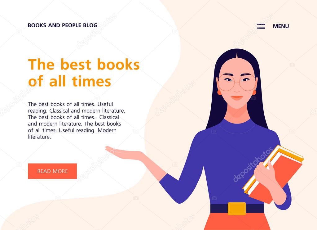 A young woman holds books in her hands. Website template about books, literature and reading. Libraries and bookstores. Vector flat illustration