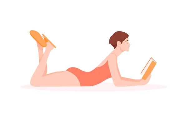 A woman in a swimsuit is lying and reading a book. Education and recreation. Female student on vacation. Vector flat illustration