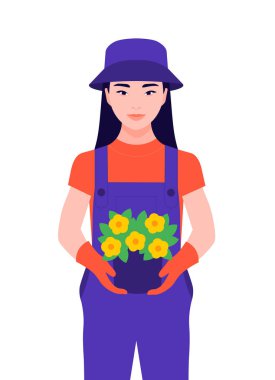 Saksı bitkisi olan bir kız. Çocuk bahçede bitki yetiştirir. Vektör düz illüstrasyon