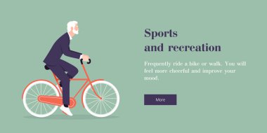 İş elbisesi giymiş yaşlı bir adam bisiklete biniyor. Web sitesi şablonu. Vektör düz illüstrasyon