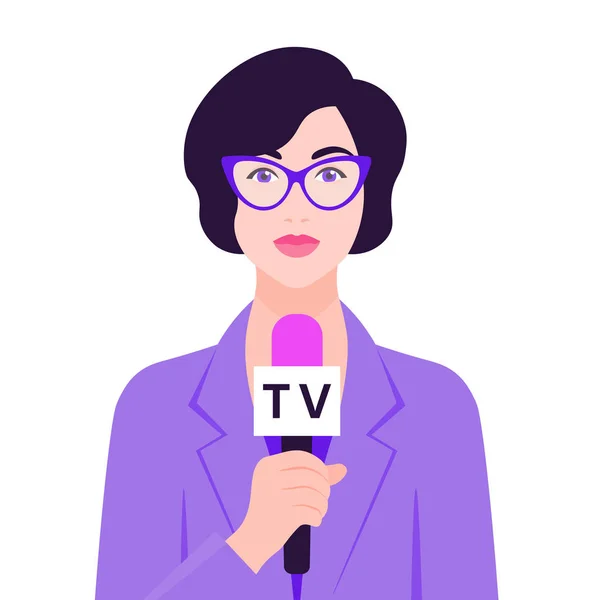 Žena Drží Mikrofon Ruce Korespondent Hlásí Novinky Televize Vektorové Ploché — Stockový vektor