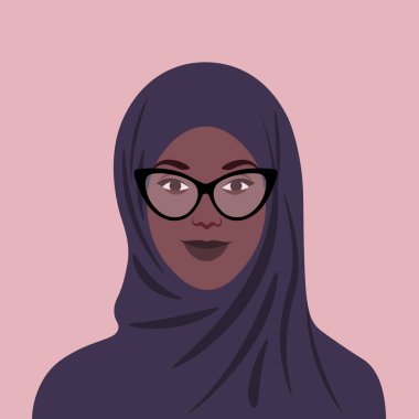Başörtüsü ve gözlük afrika portresi. Müslüman kız avatar. Vektör düz illüstrasyon