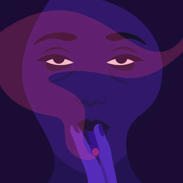 Uma Mulher Segura Cigarro Nas Mãos Fuma Cara Rapariga Escuro — Vetor de Stock
