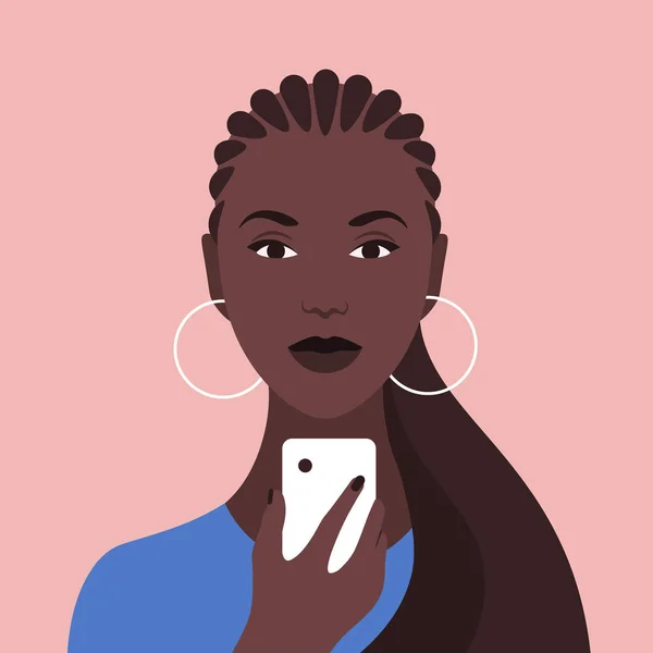 Porträtt Afrikansk Kvinna Med Telefon Mångfald Nationer Och Tävlingar Beroende — Stock vektor