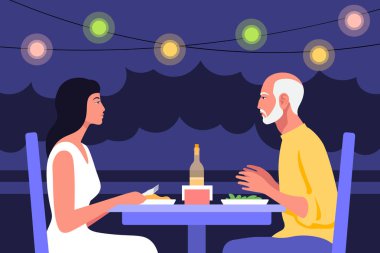 Yaşlı bir adam ve genç bir kadın profilde masaya oturdular. Bir kafede tarih ve iş toplantısı. Sokaktaki bir restoranda yaz akşamı. Vektör düz illüstrasyon