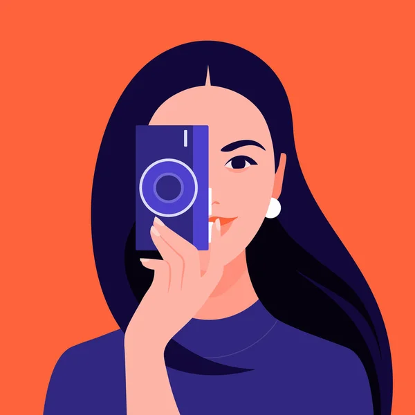 Female Photographer Holds Camera Takes Picture Tourist Blogger Vector Flat — Stock Vector