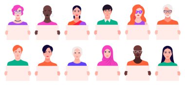 Temiz pankartlar tutan farklı kadın ve erkeklerin koleksiyonu. Genç ve yaşlı insanlar çizgi film karakterleri boş afiş gösteren. Vektör düz illüstrasyon