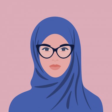 Başörtüsü ve gözlüklü arap bir kadının portresi. Müslüman kız avatar. Vektör düz illüstrasyon