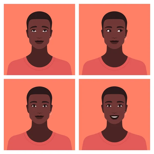 Set Avatars African Guy Different Emotions Happiness Curiosity Dreaming Calm — Stock Vector