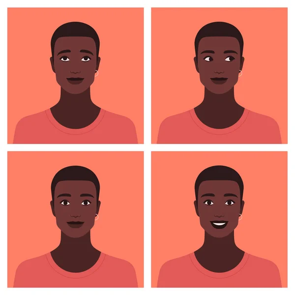 Conjunto Avatares Del Tipo Africano Diferentes Emociones Felicidad Curiosidad Sueños — Vector de stock