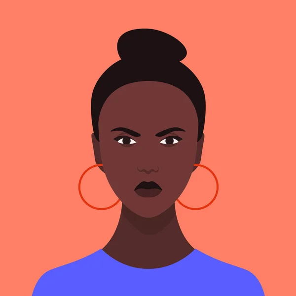 Avatar Angry Girl Portrait Aggressive African Woman Stress Vector Flat — Stock Vector