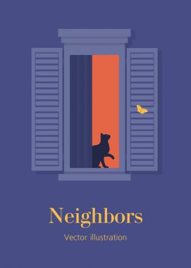 Açık penceredeki kedi. Komşu. Bir konut binasının cephesi. Yaz gecesi. Kartpostal. Vektör düz illüstrasyon