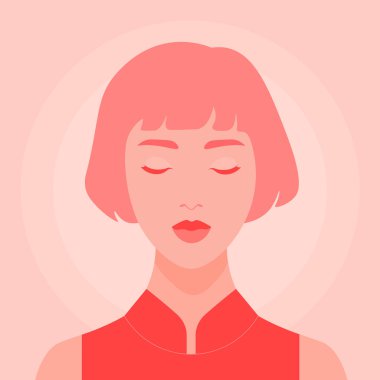 Kapalı gözlü Asyalı bir kızın portresi. Meditasyon ve rahatlama. Uyum. Vektör düz illüstrasyon