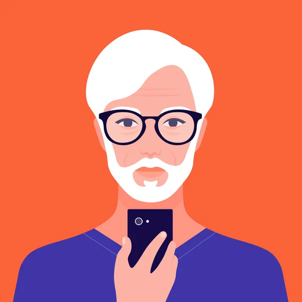 電話を持った老人の肖像画スマートフォンやインターネット上の中毒 ソーシャルネットワーク アジアの退職者のアバター ベクトルフラットイラスト — ストックベクタ