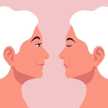 Bipolar bozukluk. Depresyonda ve iyi bir ruh hali içinde profil yaşlı bir kadının Portresi. Yandan iki kadın yüz. Düz tarzda vektör çizimi