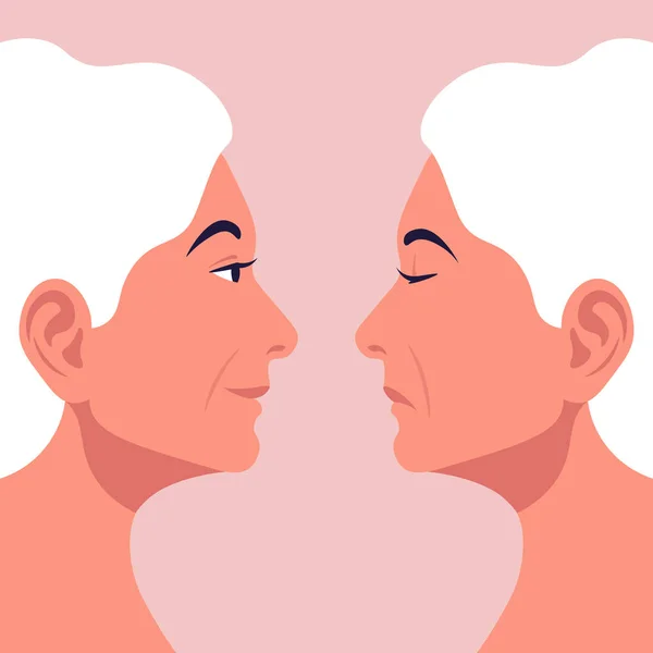 Биполярное Расстройство Портрет Пожилой Женщины Профиль Депрессии Хорошем Настроении Два — стоковый вектор