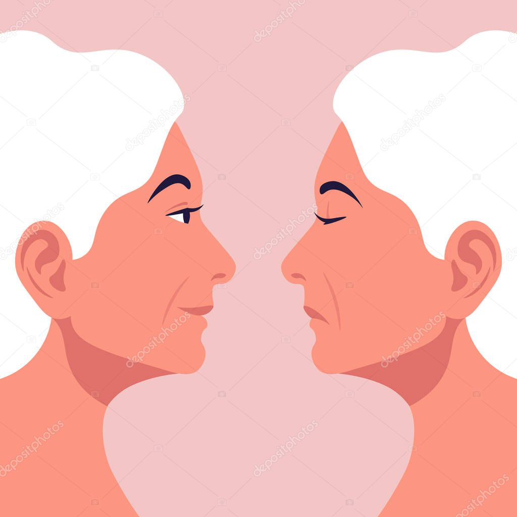 Bipolar disorder. Portrait of an older woman in profile in depression and in a good mood. Two female faces from the side. Vector illustration in flat style