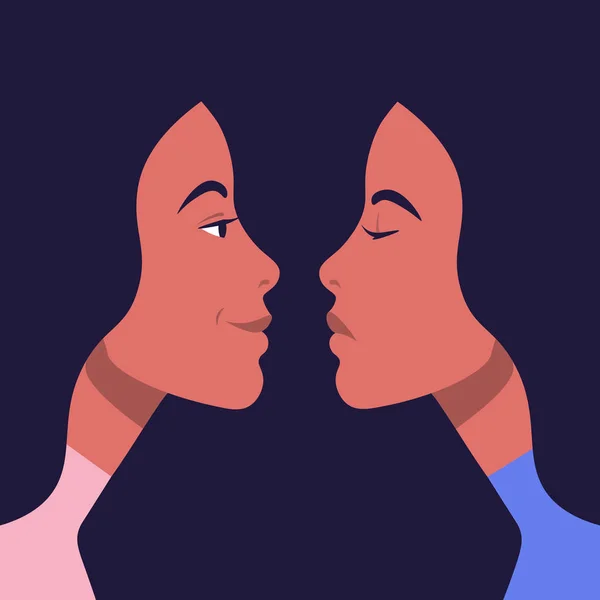 Bipolar bozukluk. Depresyon da profil ve iyi bir ruh hali içinde bir İspanyol kadının Portresi. Yandan iki kadın yüz. Düz tarzda vektör çizimi