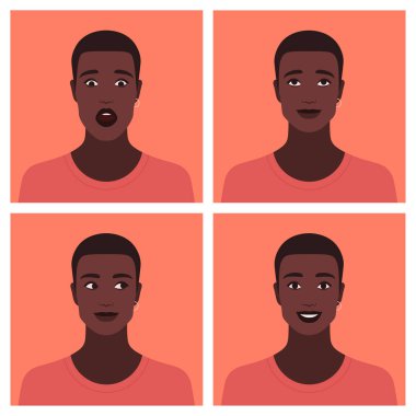 Afrikalı adamın avatarları seti. Farklı duygular: mutluluk, merak, rüya ve şok. Vektör düz illüstrasyon