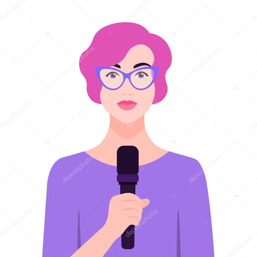 European woman talking in microphone in front of conference. Human rights and social activities. Business and education. Vector flat illustration