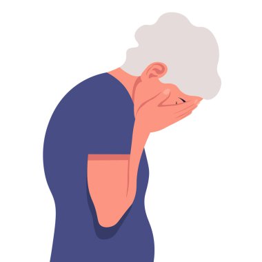 Umutsuzluk içinde yaşlı bir kadın. Büyükannem ağlıyor. Profildeki portre. Depresyon ve stres. Düz tarzda vektör çizimi