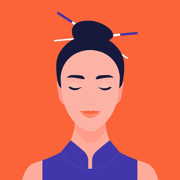 Portret Van Een Aziatisch Meisje Met Gesloten Ogen Meditatie Ontspanning — Stockvector