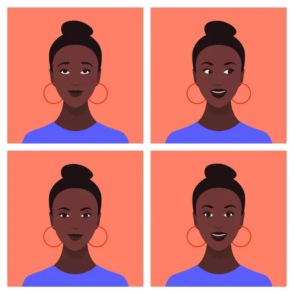 Set Van Avatars Van Afrikaanse Meisjes Verschillende Emoties Geluk Nieuwsgierigheid — Stockvector