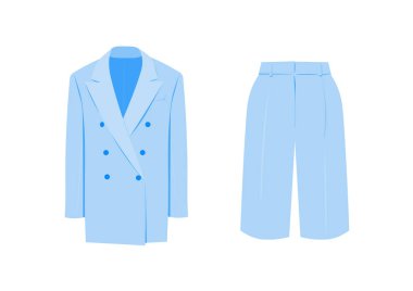 Klasik tarzda kadın çift göğüslü blazer ve şort. Ofis için şık kıyafetler. 2019 yazıtrendleri. Ofis için uygun. Beyaz arka planda vektör düz çizim