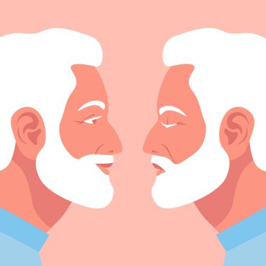 Bipolar bozukluk. Depresyonda ve iyi bir ruh hali içinde profil yaşlı bir adamın portresi. Yandan iki erkek yüzü. Düz tarzda vektör çizimi