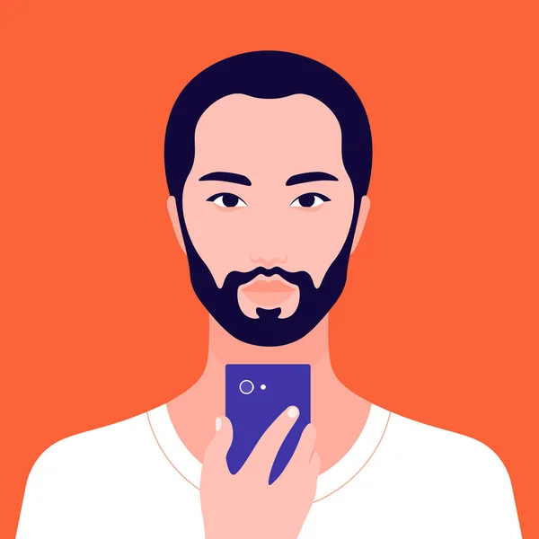 Retrato Hombre Asiático Sosteniendo Teléfono Móvil Mano Hombre Barbudo Avatar — Vector de stock