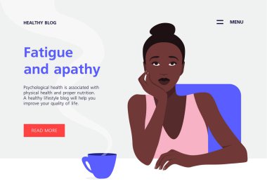 Yorgun bir Afrikalı kadın masada oturur ve elini başını tutar. İlgisizlik ve depresyon. Sıkıcı çalışma ve iş. Sağlık ve yaşam tarzı için web sitesi şablonu. Vektör düz illüstrasyon