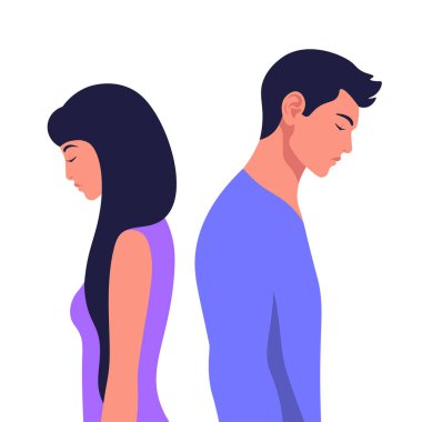 Kavgada bir erkek le bir kadının profilleri. Karı koca arasındaki çatışmalar. Boşanma. Depresyon ve anksiyete. Düz tarzda vektör çizimi