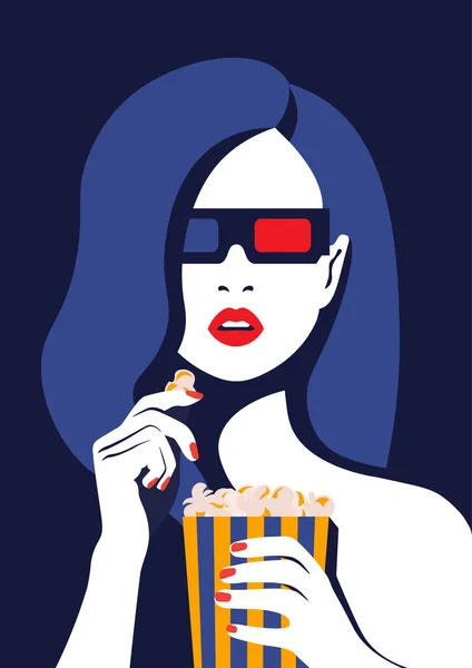 Beautiful Girl Glasses Eats Popcorn Watches Movie Portrait Young Woman — Stock Vector